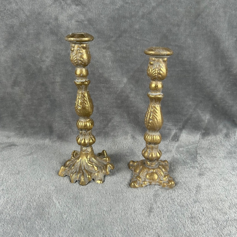 Vintage Antique Gold Cast Metal Candlestick Holders Pair Ornate Heavy Taper Set